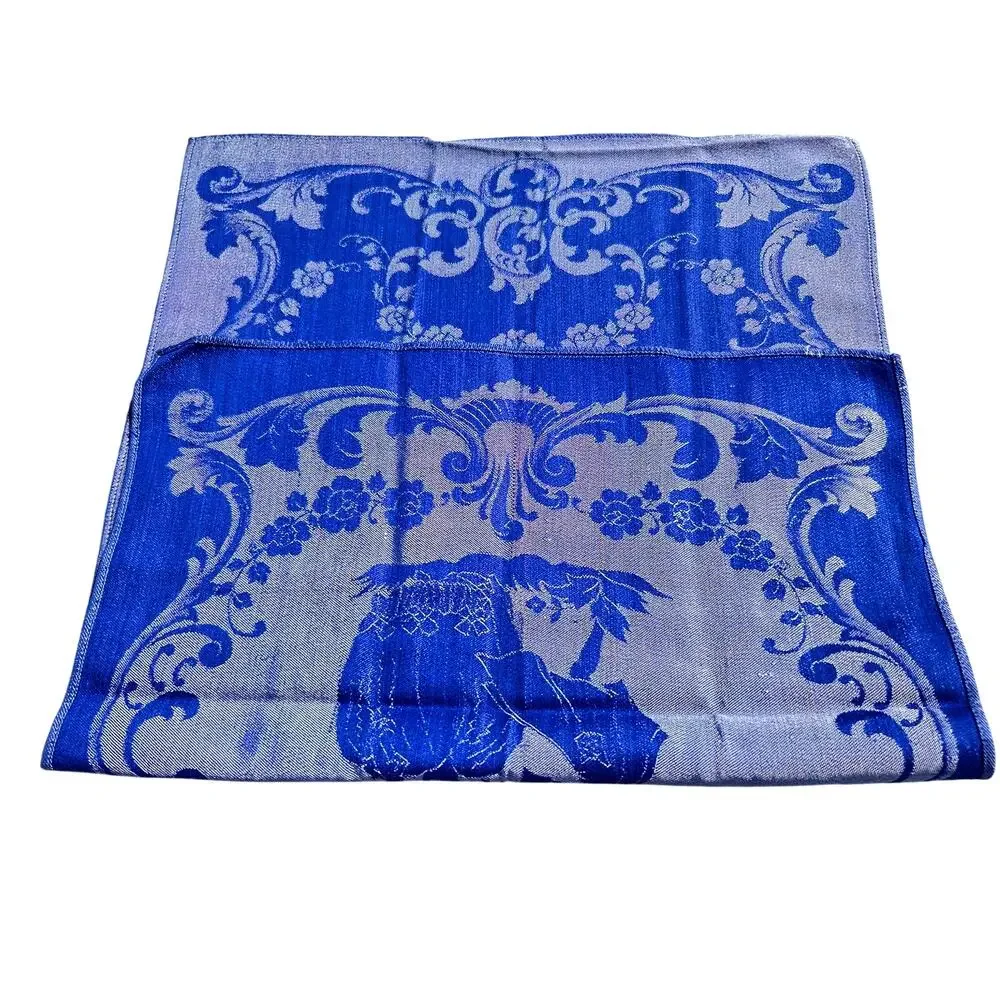 Cobalt Blue Damask Textile Hand Towel Courting Couple 14x21 Vintage 1950